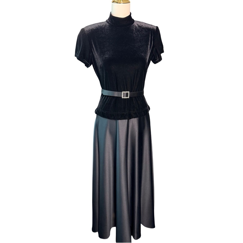 Vintage 80s Bari Jay Black Velvet Satin Belted Peplum Midi Cocktail Dress 9/10